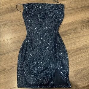 Blue Irredesent Body Con Dress With Slit And Straps Windsor Medium